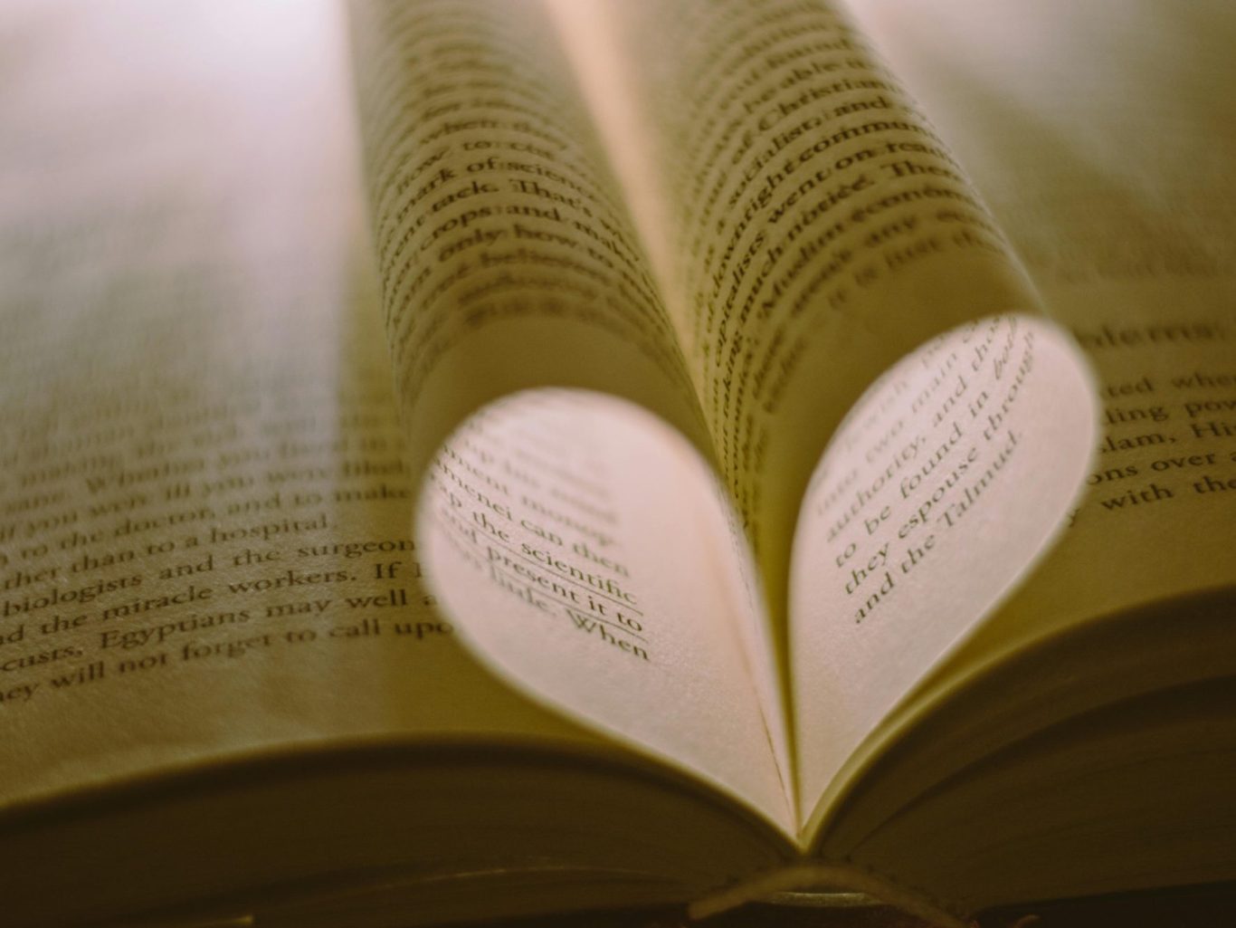Offenes Buch mit einer herzförmigen Seitenansicht.